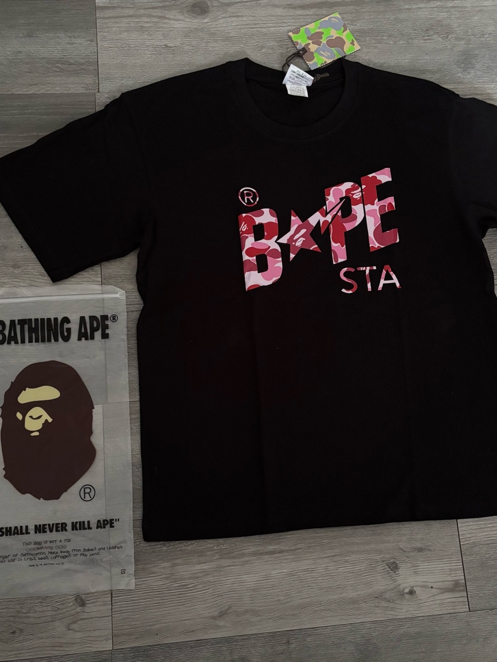 Bape Black Tee with Pink Camo BAPE STA Logo MEDIUM SIZE